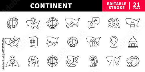 Continent editable line icons set: map, globe, navigation symbols for apps