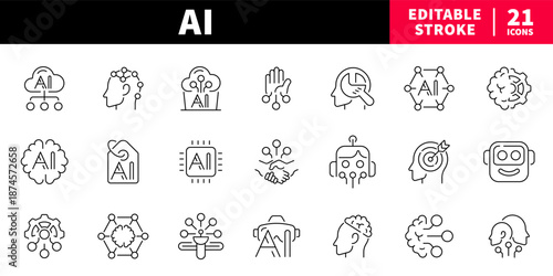 Ai and technology editable line icons set. innovation and tech symbols