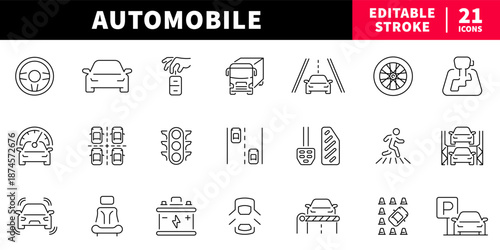 Automobile editable line icons set: car and vehicle symbols