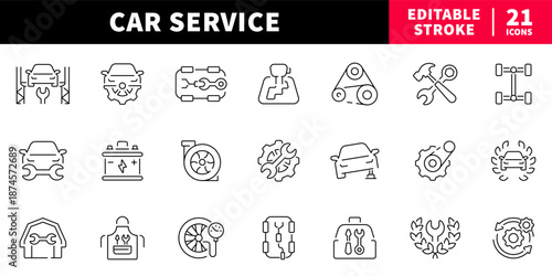 Car service editable line icons set. repair and maintenance tools