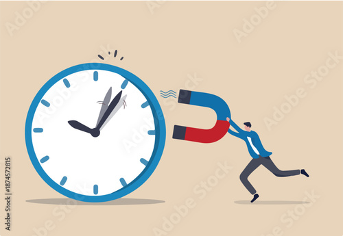 Time management, control business time or work deadline concept, smart businessman using magnet to stop clock hand metaphor of time manipulation.