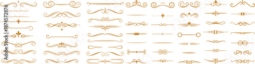 Set of refined golden dividers with elegant flourishes and ornamental line details. Vintage decorative border collection featuring minimal separators and artistic filigree accents for wedding