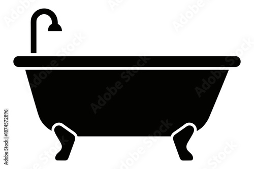 Simple black silhouette icon depicting a classic clawfoot bathtub design with a freestanding faucet fixture perfect for bathroom concepts.