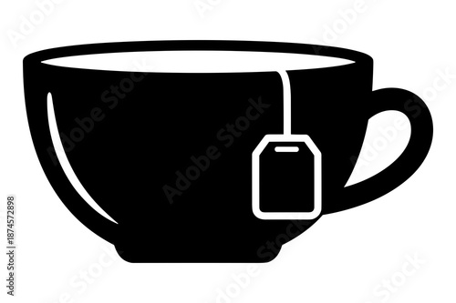 Simple black and white iconographic representation of a classic hot teacup filled with brewed beverage and hanging tea bag illustrates relaxation and comfort.