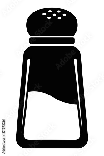 Simple, classic black and white icon representing a shaker typically used for dispensing salt, essential kitchen seasoning, or granular condiments.