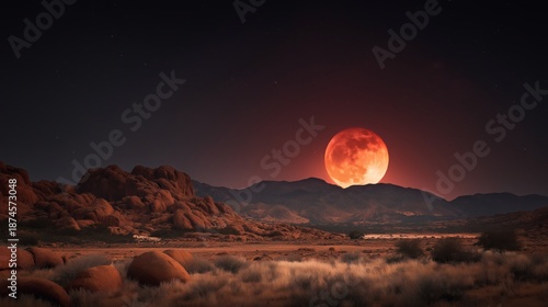 Wallpaper Mural A dramatic full red moon rising behind the desert mountain range. Torontodigital.ca
