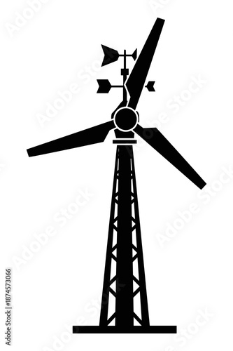 Detailed black and white silhouette icon depicting a large industrial wind turbine structure equipped with three blades and an integrated weather vane mechanism at the top.
