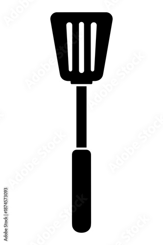 Black silhouette graphic icon representing a slotted kitchen turner spatula used for flipping food items during cooking and grilling preparations.
