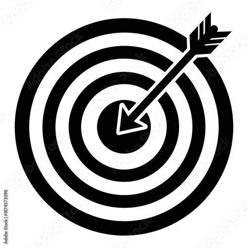 Simple black and white graphic icon depicting an arrow hitting the exact center of a concentric circle target symbol for concepts of precision and goals.