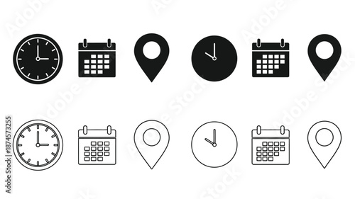 Simple black icons depicting time calendar and location a silhouette