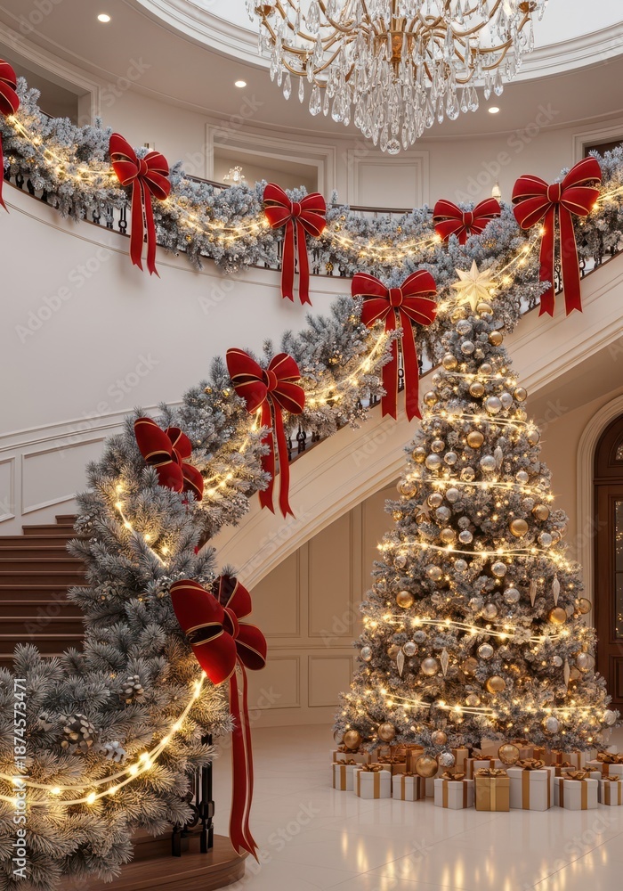 Fototapeta premium Grand foyer decorated elegantly for the winter holidays with garlands, sparkling lights, and large festive bows, warmth, inviting, foyer