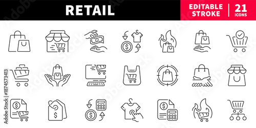 Retail editable line icons set. shopping and commerce symbols