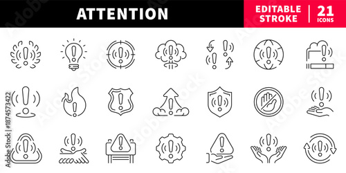 Attention and warning editable line icons set. alert and caution symbols