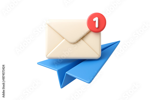 Cute Illustration of Open Envelope and Notification Alert 1 Flying on Paper Airplane for Email Inbox Concept on white background