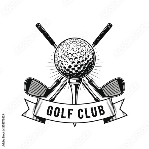 Vintage Golf Club Emblem Vector with Crossed Clubs, Ball, and Banner