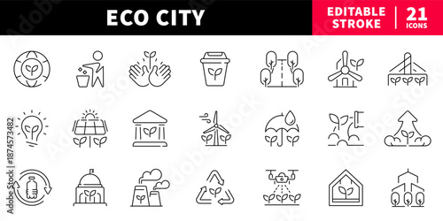 Eco city editable line icons set. green, renewable energy collection