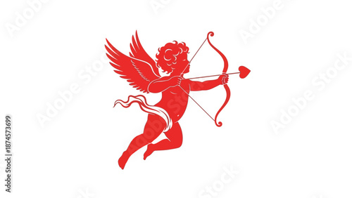 Cupid Silhouette Vector – Winged Cherub with Bow and Arrow in Flight for Valentine, Romance, Love Symbols, Holiday Decor, and Creative Design Projects