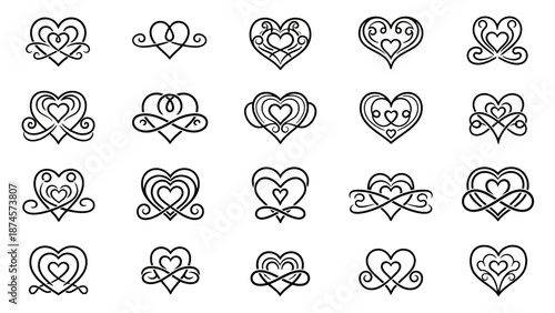 Decorative Heart Motif Vector Set –  Stylized Designs with Swirls, Loops, Interlocks, and Abstract Shapes for Love, Logos, Romance, and Creative Projects