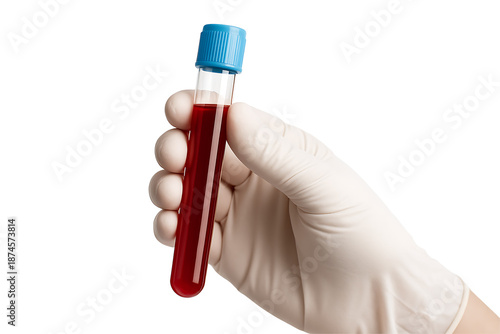Gloved Hand Holding Blood Sample Test Tube with Red Liquid for Medical Laboratory Analysis Illustration on white background