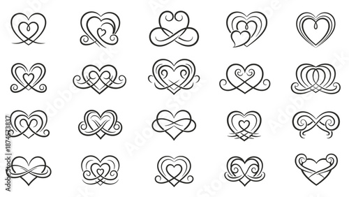 Decorative Heart Motif Vector Set –  Stylized Designs with Swirls, Loops, Interlocks, and Abstract Shapes for Love, Logos, Romance, and Creative Projects