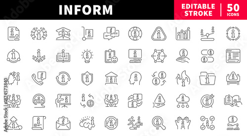 Informational editable line icons set. linear data and communication signs
