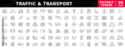Traffic and transport editable line icons set. road, vehicle symbols