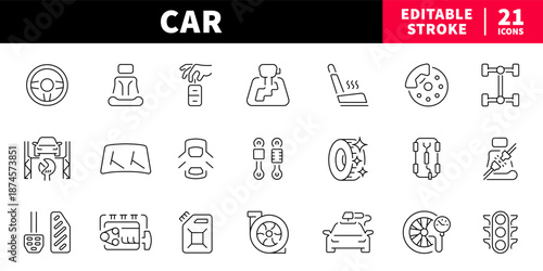 Car and vehicle editable line icons set. automotive and transport symbols