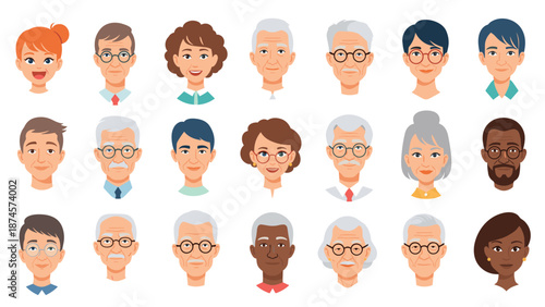 Large grid features diverse human faces of men and women from various age groups and ethnicities illustrated in a clean cartoon style.