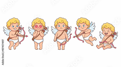 Cartoon Cupid Vector Set –  Winged Cherubs with Blonde Hair, Diapers, Heart Arrows, and Playful Expressions for Valentine, Romance, and Love-Themed Design Projects