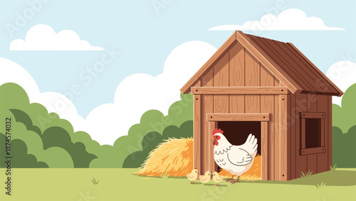 White mother hen stands at the entrance of her wooden chicken coop while three small yellow chicks play on the grass nearby in the sun.
