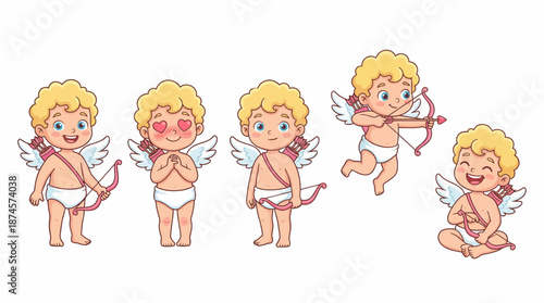 Cartoon Cupid Vector Set –  Winged Cherubs with Blonde Hair, Diapers, Heart Arrows, and Playful Expressions for Valentine, Romance, and Love-Themed Design Projects