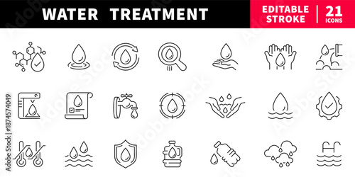 Water treatment editable line icons set: purification and filtration symbols