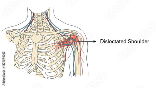 Detailed anatomical diagram shows a dislocated shoulder joint with a red highlight indicating the area of injury and displacement.