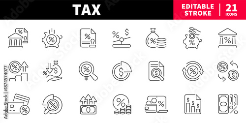 Tax editable line icons set: finance and percentage symbols