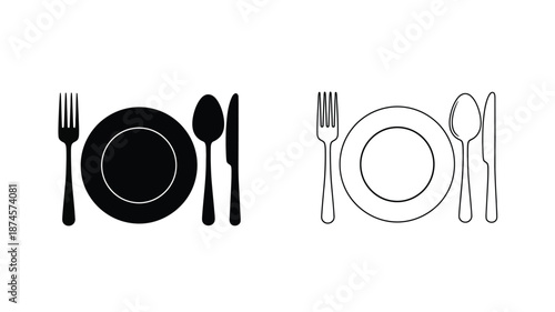 Black and white dinnerware set depiction in a minimalist silhouette