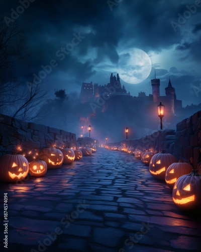 Wallpaper Mural A cobblestone path adorned with glowing pumpkins leads to a spooky castle Torontodigital.ca