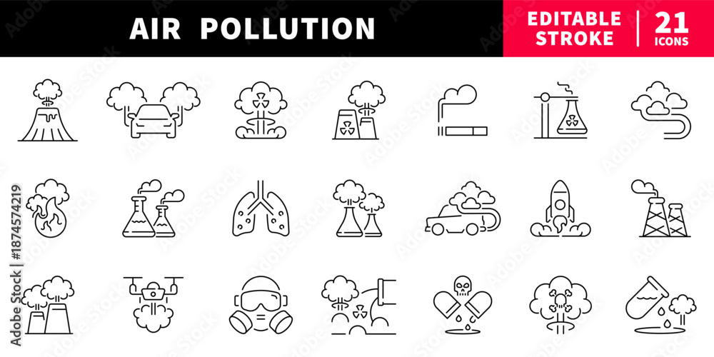 Fototapeta premium Air pollution editable line icons set. outline environmental hazard symbols