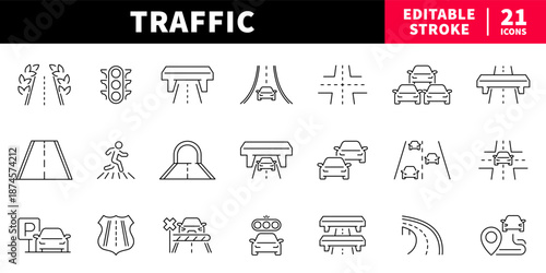 Traffic editable line icons set. road and transport symbols