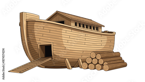 Large wooden boat inspired by the biblical story of Noah's Ark stands on a hill with logs nearby, ready for a flood journey.