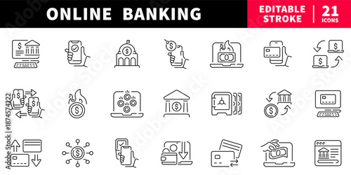Online banking editable line icons set. finance and transaction symbols