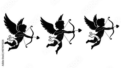 Cupid Silhouette Vector Set – Winged Cherubs with Heart Arrows in Flying Poses for Valentine, Romance, Love Symbols, and Holiday Design Projects
