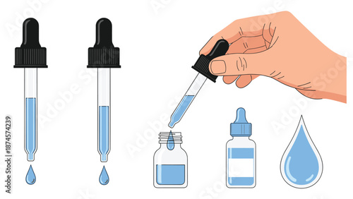Scientific tools for chemistry and medicine include glass droppers, liquid bottles, and a hand dispensing blue fluid drops carefully.