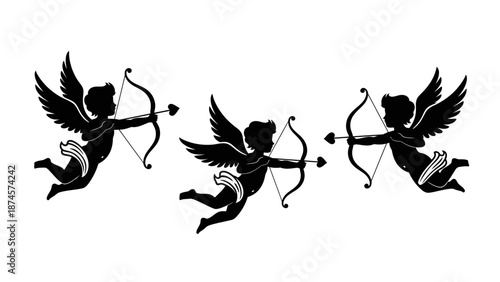 Cupid Silhouette Vector Set – Winged Cherubs with Heart Arrows in Flying Poses for Valentine, Romance, Love Symbols, and Holiday Design Projects