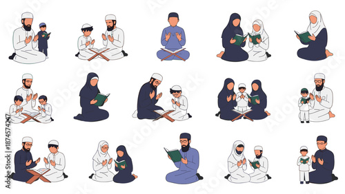 Large collection of diverse Muslim people are shown in various poses of prayer and reading sacred texts to represent Islamic faith.