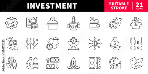 Investment editable line icons set. money and finance symbols