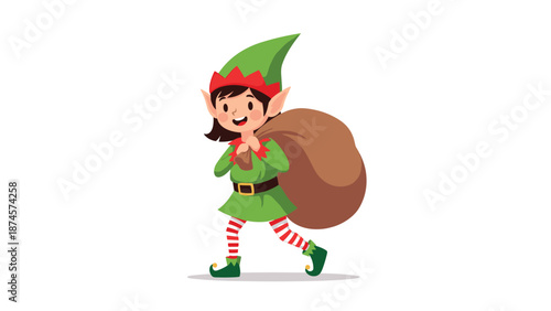Cheerful Christmas elf wearing a green and red outfit walks while carrying a large brown sack filled with presents for the holiday season.