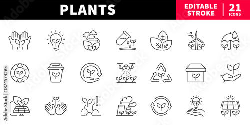 Plants editable line icons set: outline eco and gardening symbols