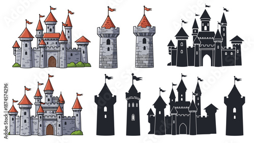Collection of castle illustrations and silhouettes shows various architectural styles with towers, flags, and stone walls for fantasy themes.