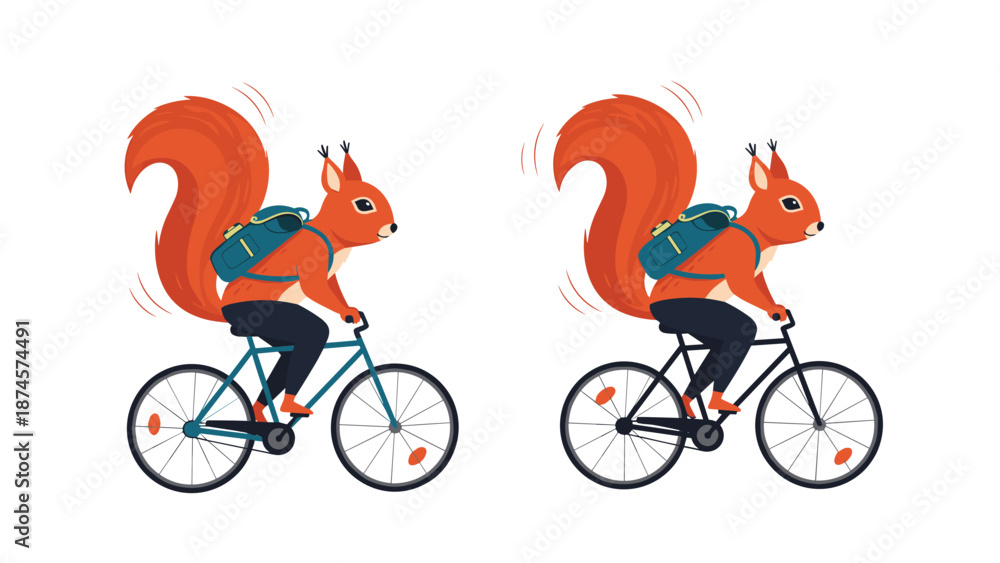 Fototapeta premium Two identical red squirrels wearing blue backpacks ride bicycles in a side-by-side comparison, showing a fun and active animal journey.