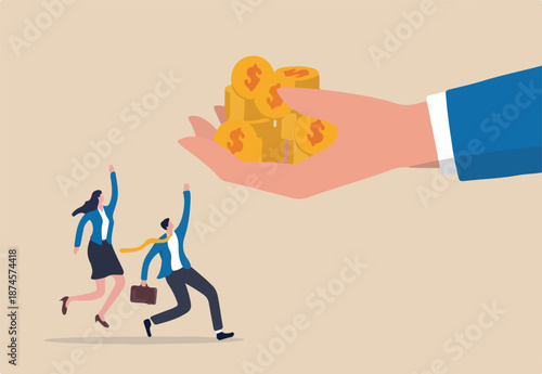 Employee bonus money, salary or income increase based on work performance or prize or gift to boost employee morale concept, giant boss hand giving stack of coins money to happy office workers. 